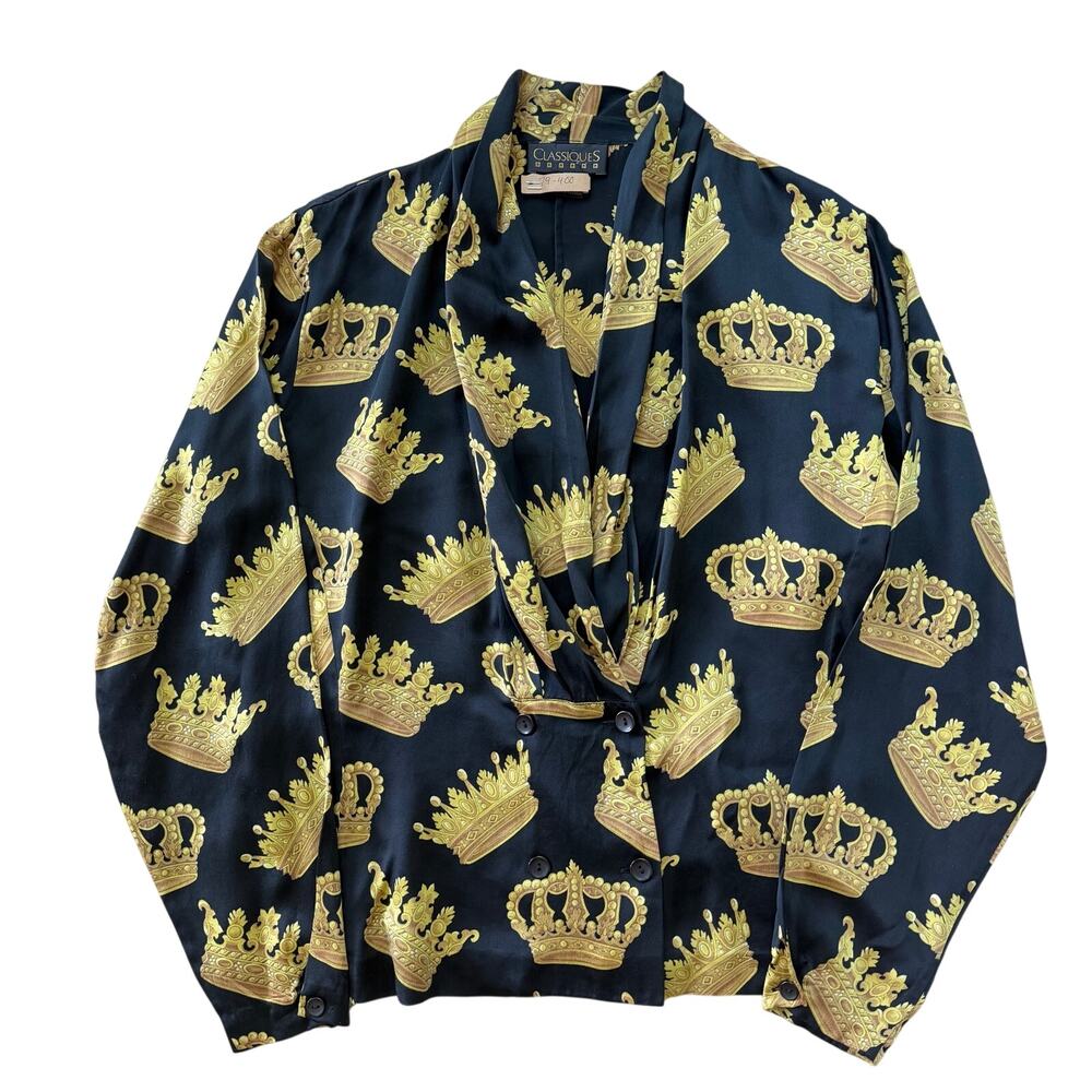 Vintage Classiques Silk Black Gold Crown Print Blouse Versace Vibes Women’s 10 M